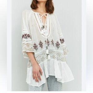 Free People White Cotton Gauze Embroidered Peasant Boho‎ Semi Sheer tunic, SZ S